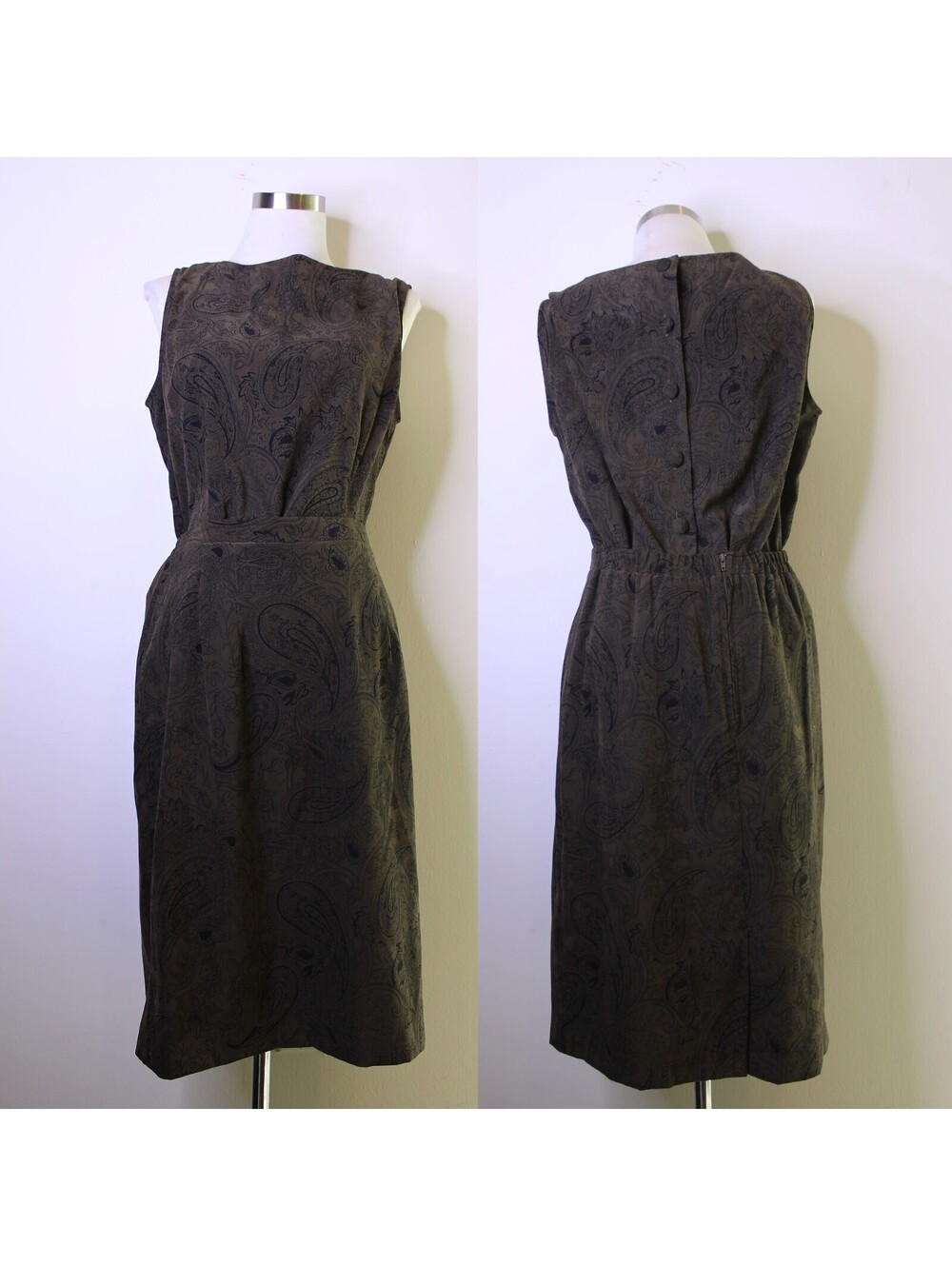 VTG Olive Black Paisley Sleeveless Blouse Pencil Skirt Set - 10